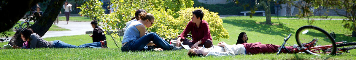 Students sitting and laying down on the grass on campus on a sunny day